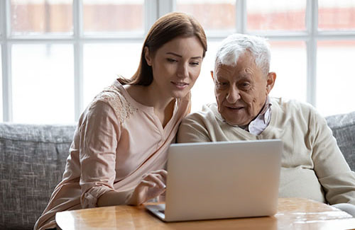 a woman researches clover hill in new jersey with her father